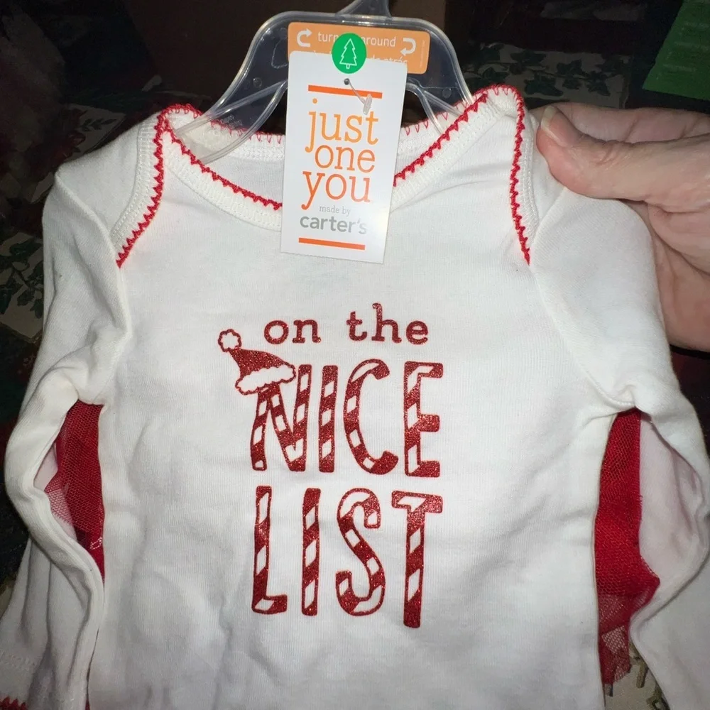 Carters Baby Christmas Outfit “On the nice list” Onsie & Tutu legging. Size 6M